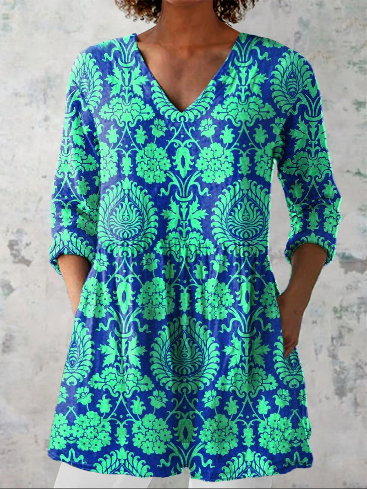 Ismérie | Chemisier long col V à damas bleu et vert
