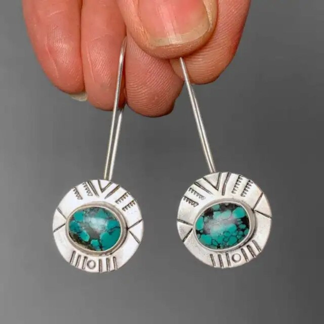 Disque Estampé | Boucles d'oreilles rondes avec pierre turquoise – Vue 01
