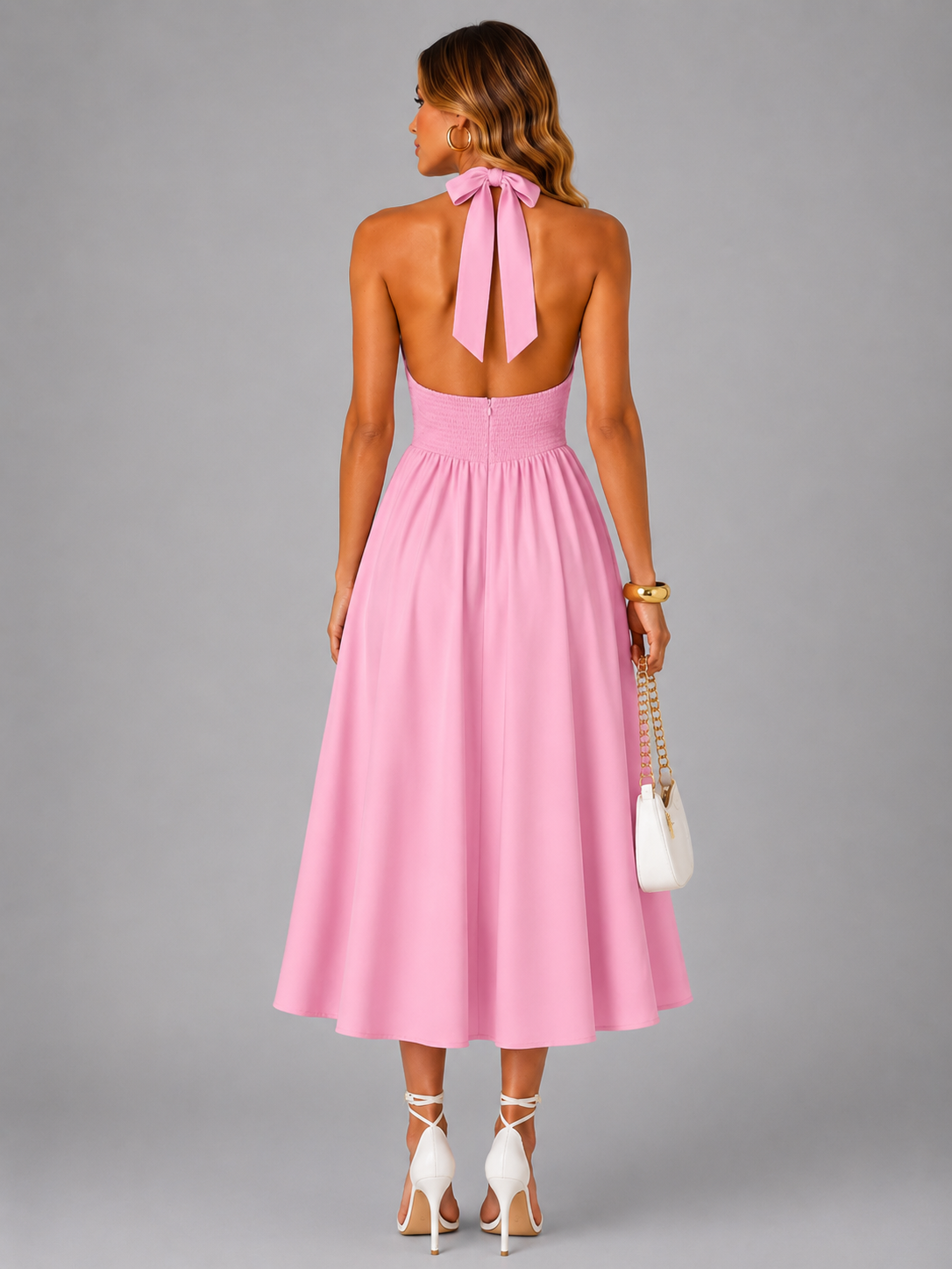 Célestine — Robe midi à col licou et jupe évasée
