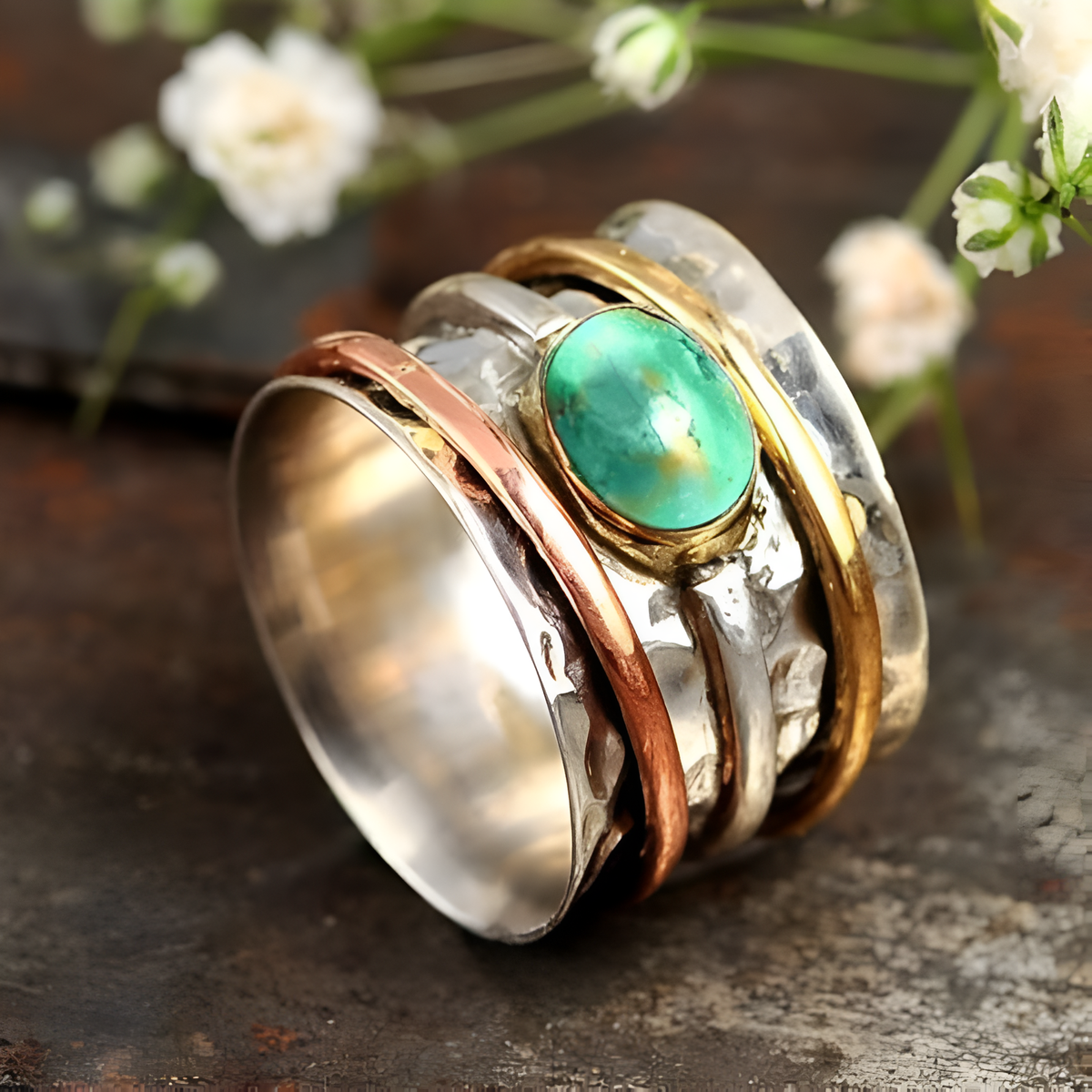 Bague tournante large argentée avec pierre turquoise ovale
