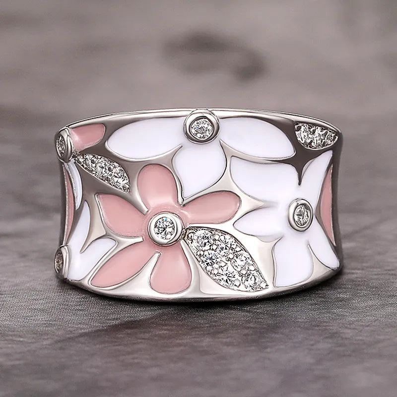 Floraison de Cerisier | Bague large avec fleurs roses et blanches – Vue 01