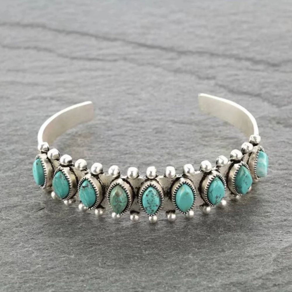 Fleur des Montagnes | Jonc argenté avec pierres turquoise – Vue 01