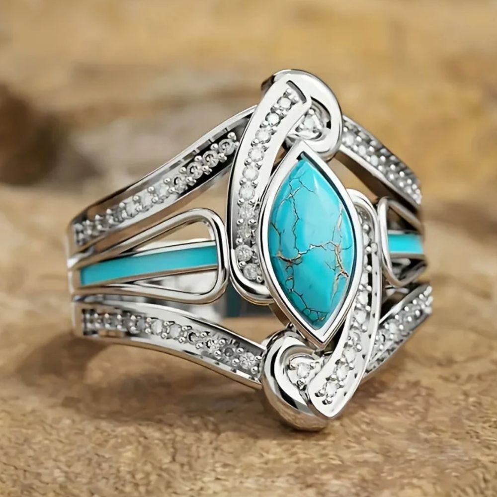 Marquise du Désert | Ensemble de bagues argentées avec pierres turquoise – Vue 01