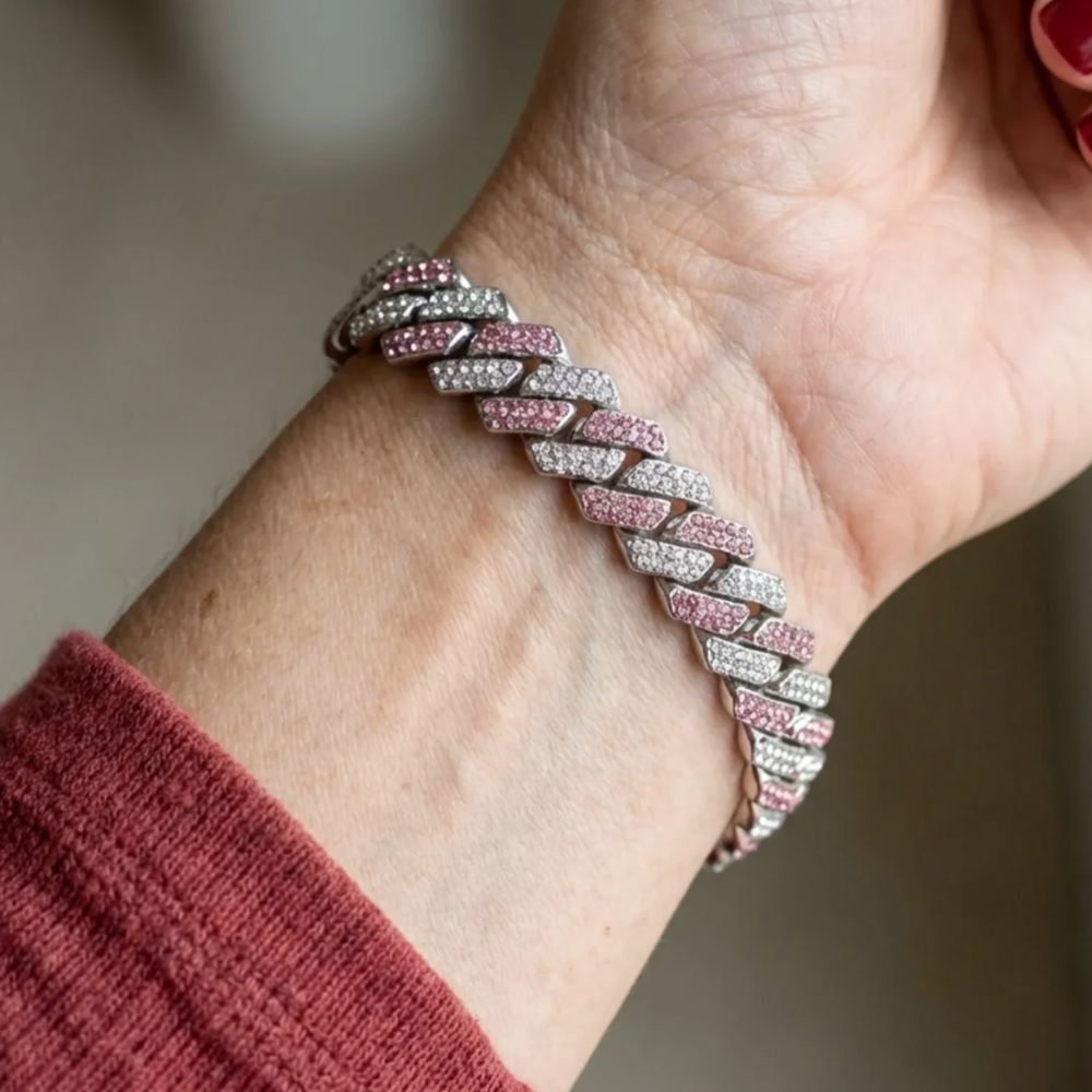 Maille Gourmette Rose | Bracelet gourmette avec pierres roses – Vue 01