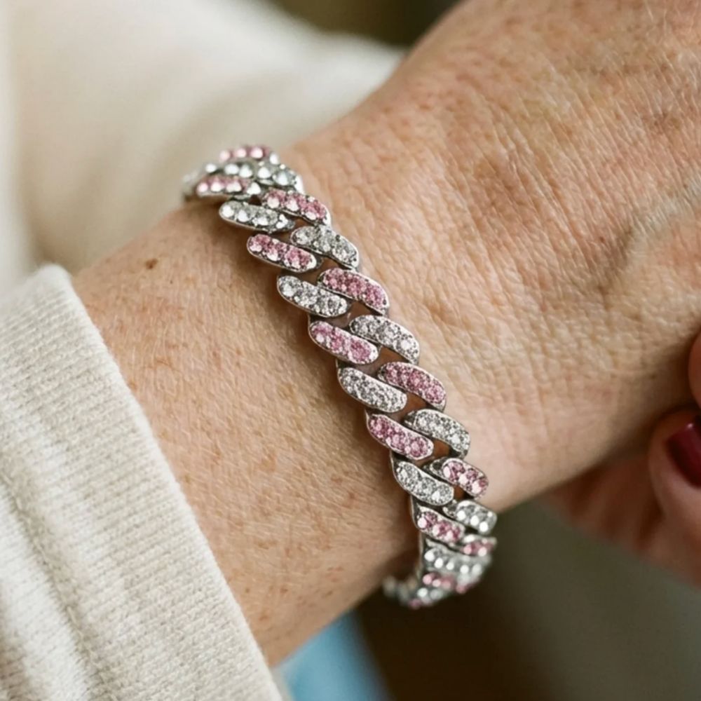 Givre de Rose | Bracelet gourmette avec pierres roses – Vue 01