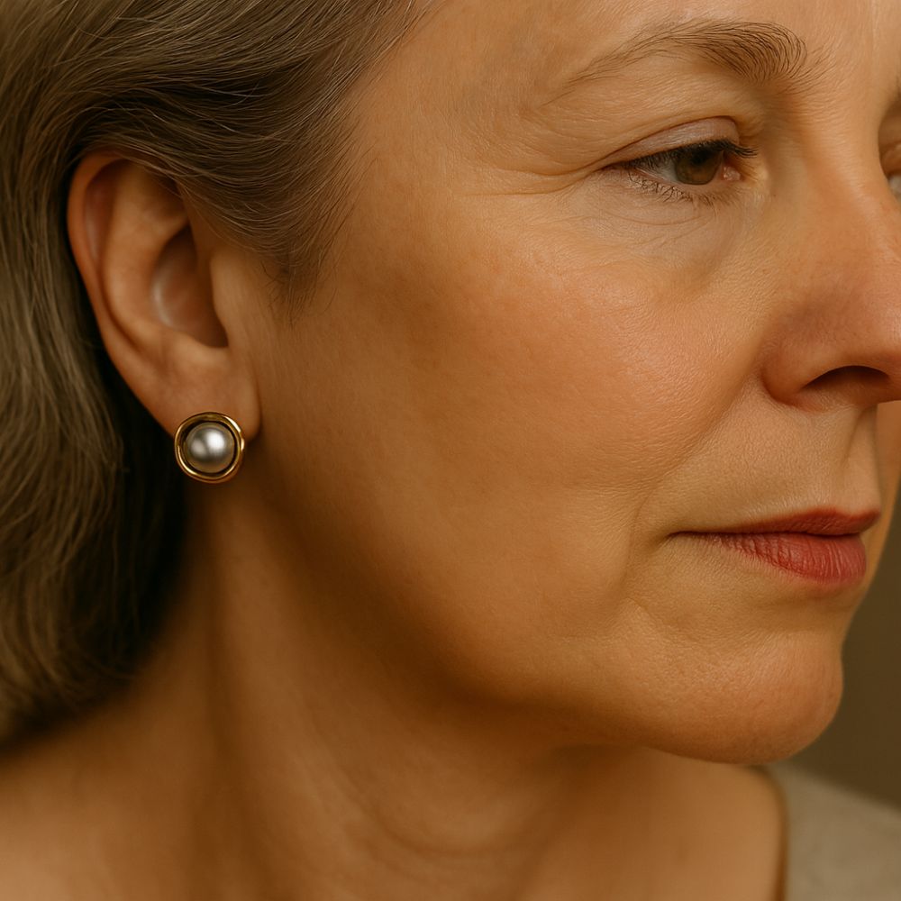 Dôme Gris | Boucles d'oreilles dorées avec perle grise – Vue 02