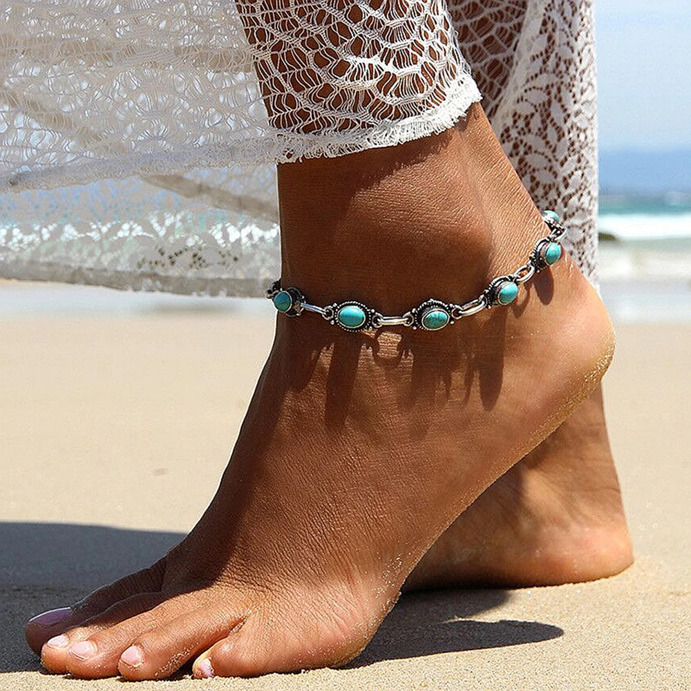 Bordure de Plage | Chaîne de cheville avec pierres turquoise – Vue 01