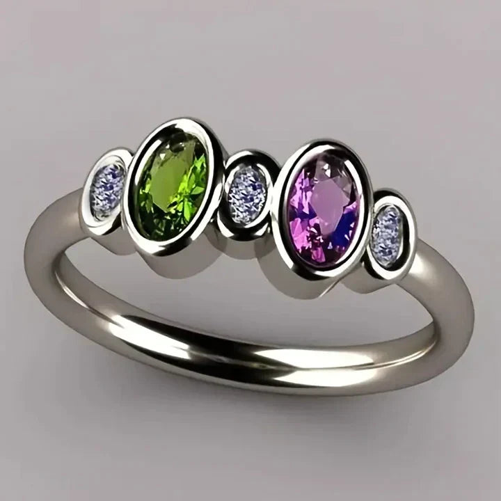 Trait Coloré | Bague argentée avec pierres verte et violette – Vue 01