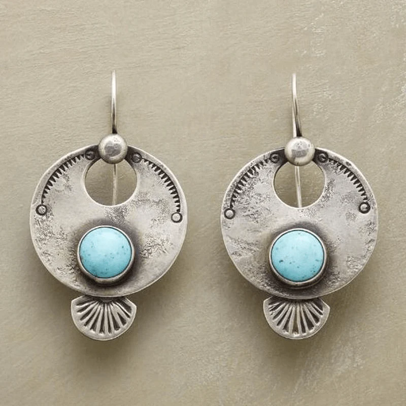Disque Éventail | Boucles d'oreilles argentées avec pierre turquoise – Vue 01