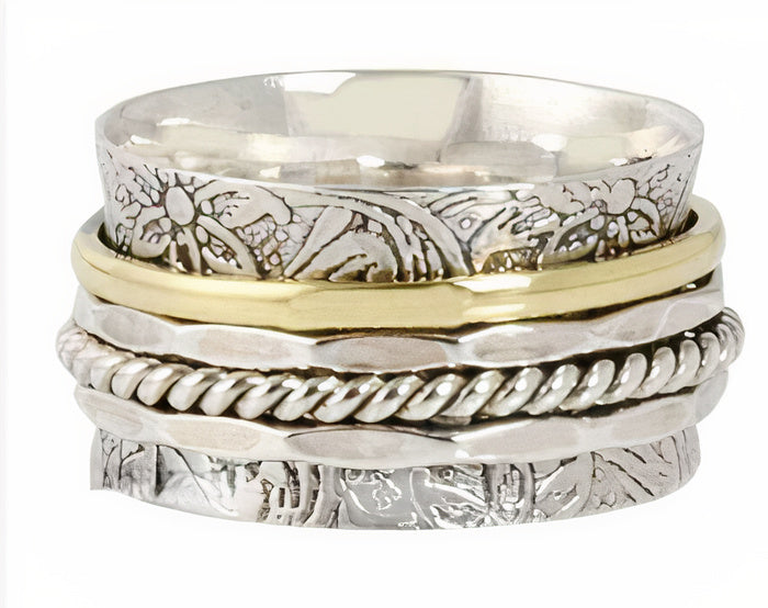 Anneau Superposé | Bague dorée et argentée à surface travaillée – Vue 01
