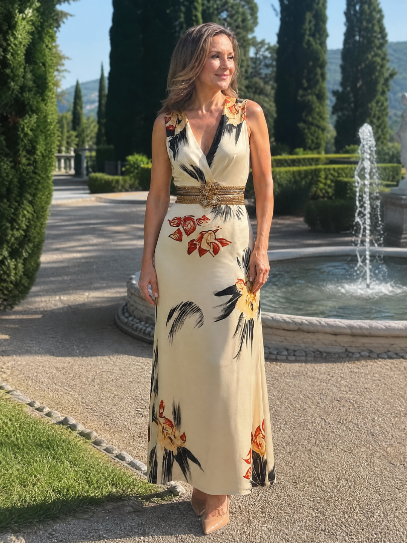 Sylvette — Robe longue satinée à ceinture dorée