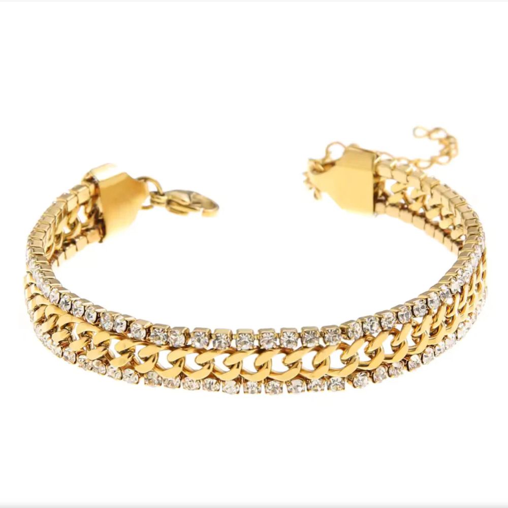 Éclat d'Étoile | Bracelet doré avec chaîne gourmette et rangées de pierres claires – Vue 01