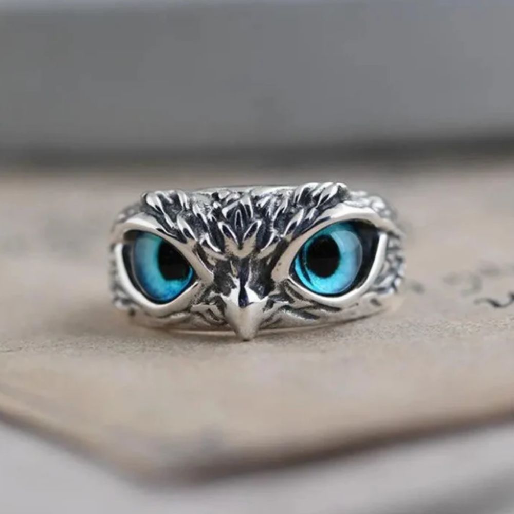 Gardien Hibou | Bague argentée à motif de hibou et pierres bleues – Vue 01