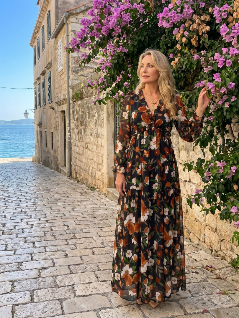 Lorraine — Robe longue fleurie à volants et manches longues