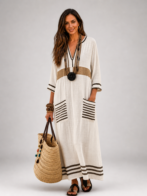 Armelle — Robe longue caftan à col V et poches, coloris Marron