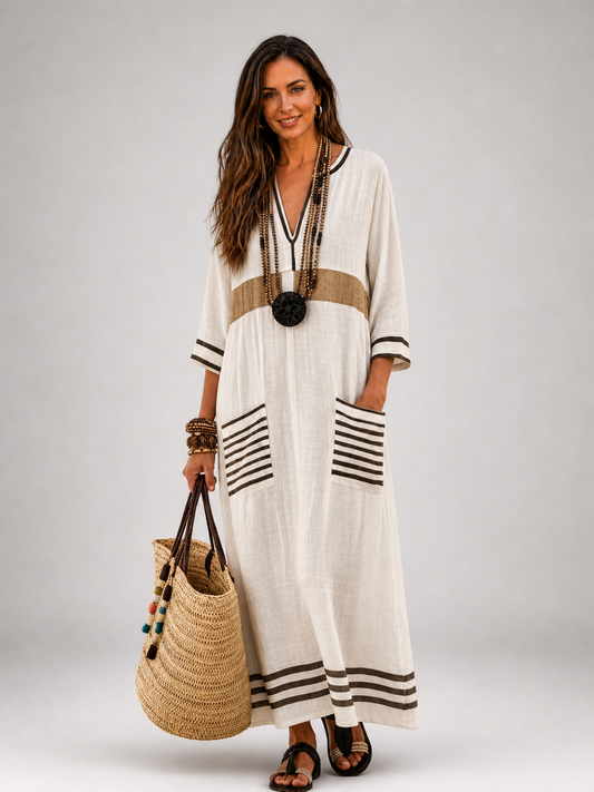 Armelle — Robe longue caftan à col V et poches, coloris Marron