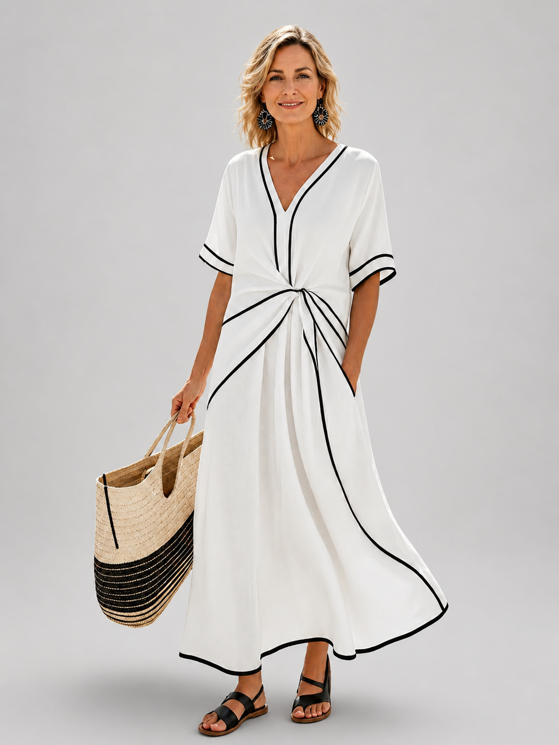Estelle — Robe longue à col V et taille froncée, coloris Blanc
