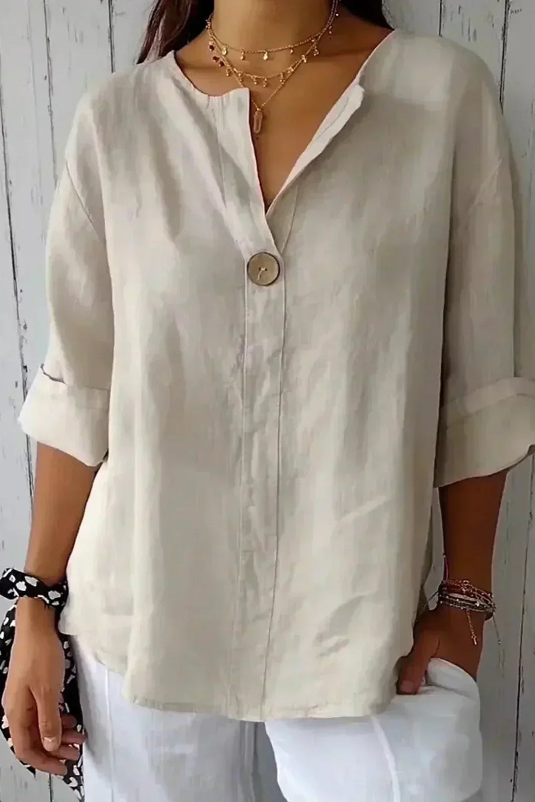 Aliette | Blouse à col tunisien — Beige