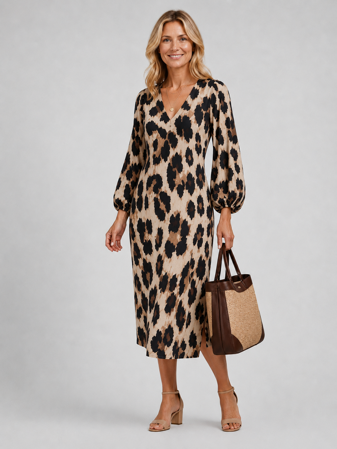 Karine — Robe courte chemise à motif animalier, coloris Léopard beige et noir