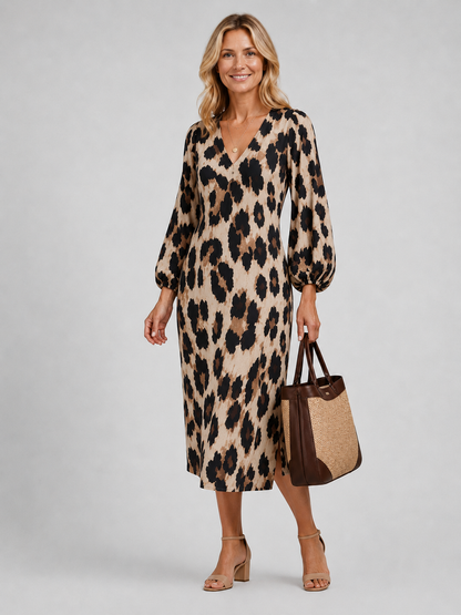 Karine — Robe courte chemise à motif animalier, coloris Léopard beige et noir