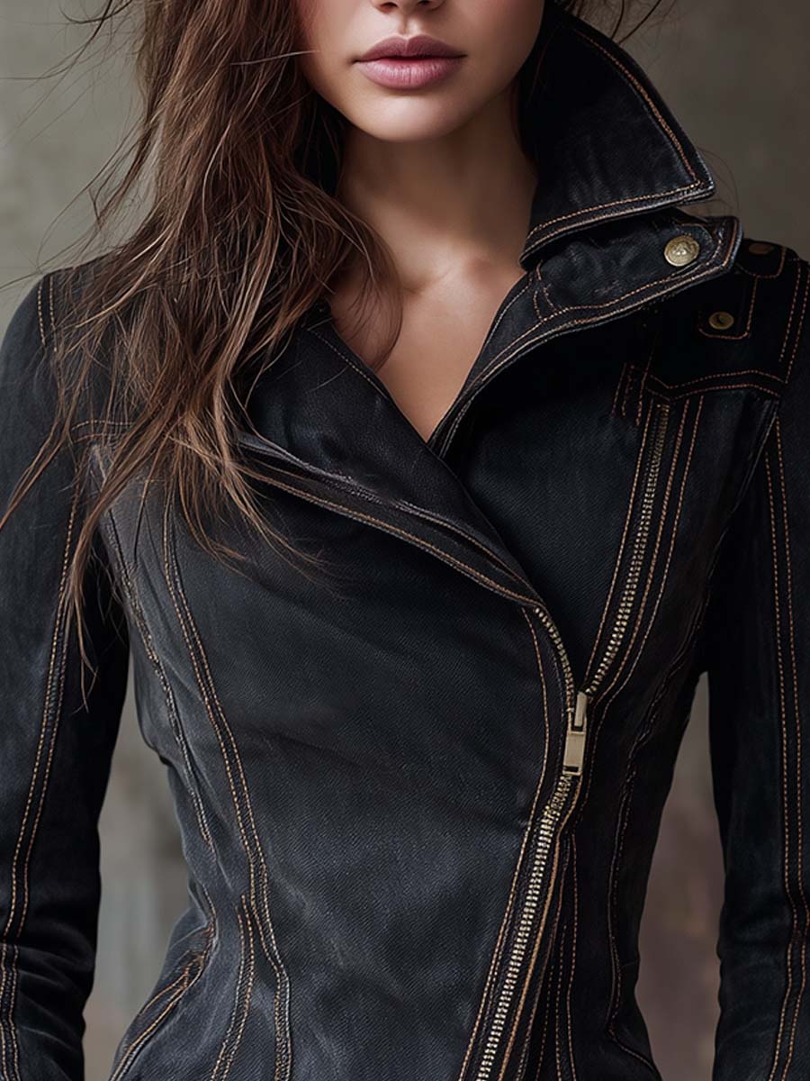 Mélisande | Veste motarde en jean à zip asymétrique