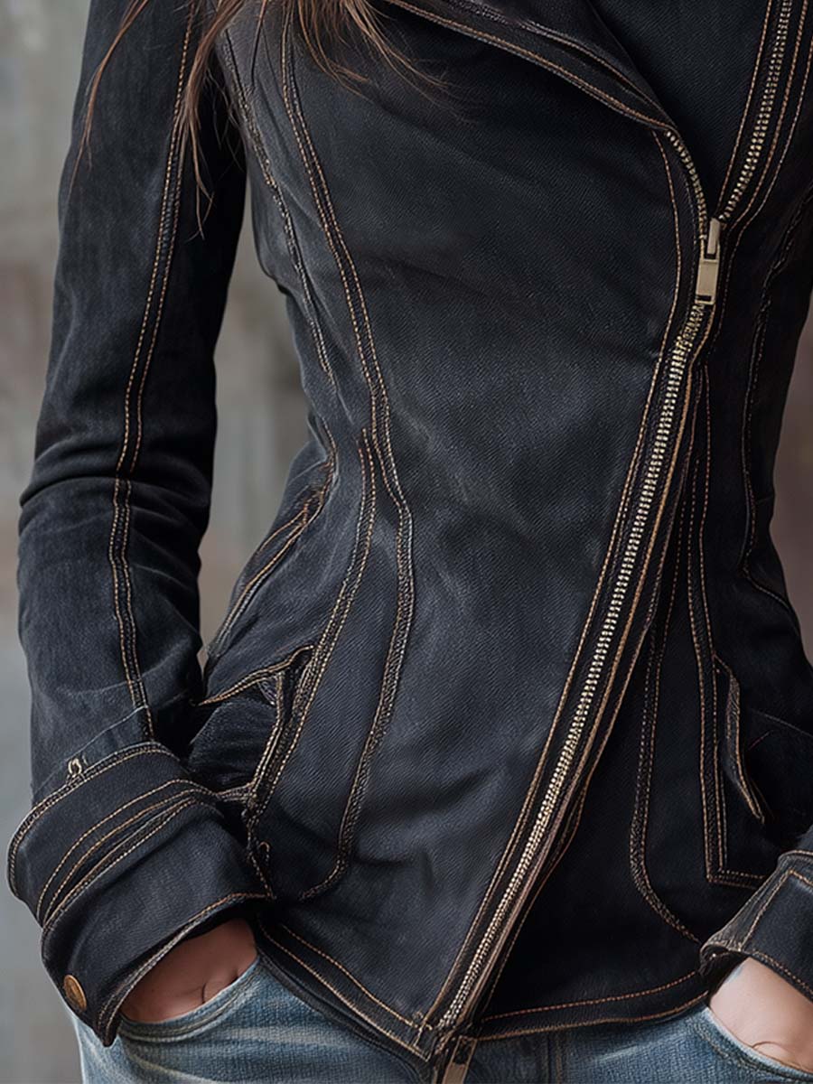 Mélisande | Veste motarde en jean à zip asymétrique