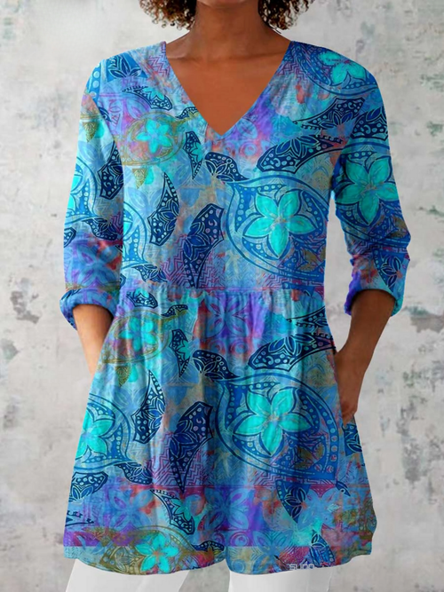 Juliette | Chemisier long col V à papillons turquoise