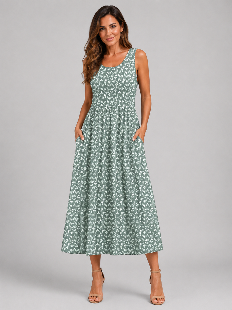 Ambre — Robe midi bohème à col licou, coloris Vert sauge fleuri
