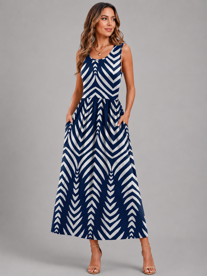 Ambre — Robe midi bohème à col licou, coloris Bleu marine chevrons