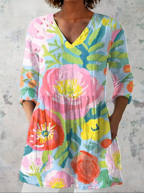 Herminie | Chemisier long col V à fleurs peintes sur fond clair