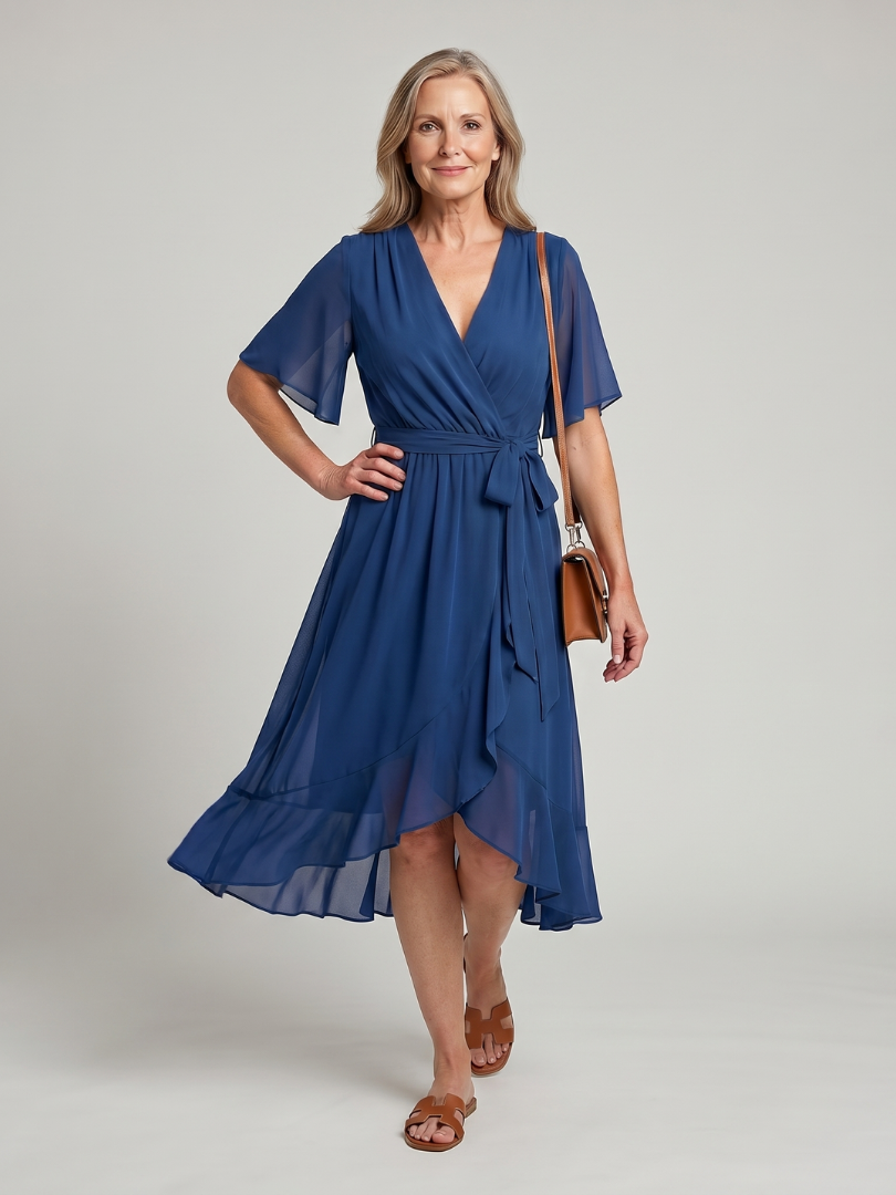 Léane — Robe midi portefeuille à ceinture, coloris Bleu roi