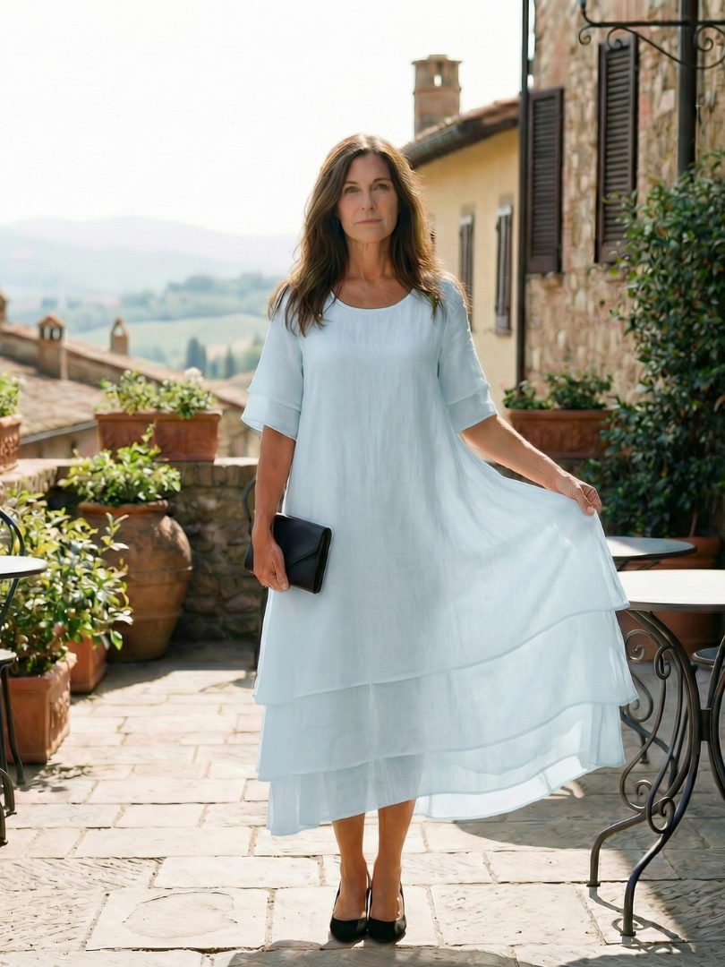 Armance — Robe longue à volants superposés, coloris Bleu ciel