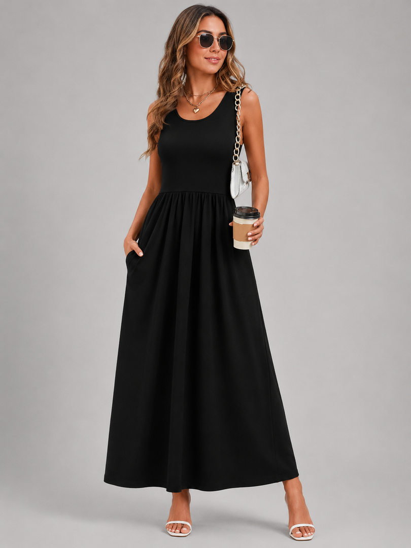Ambre — Robe midi bohème à col licou, coloris Noir
