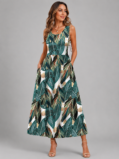 Ambre — Robe midi bohème à col licou, coloris Feuillage vert