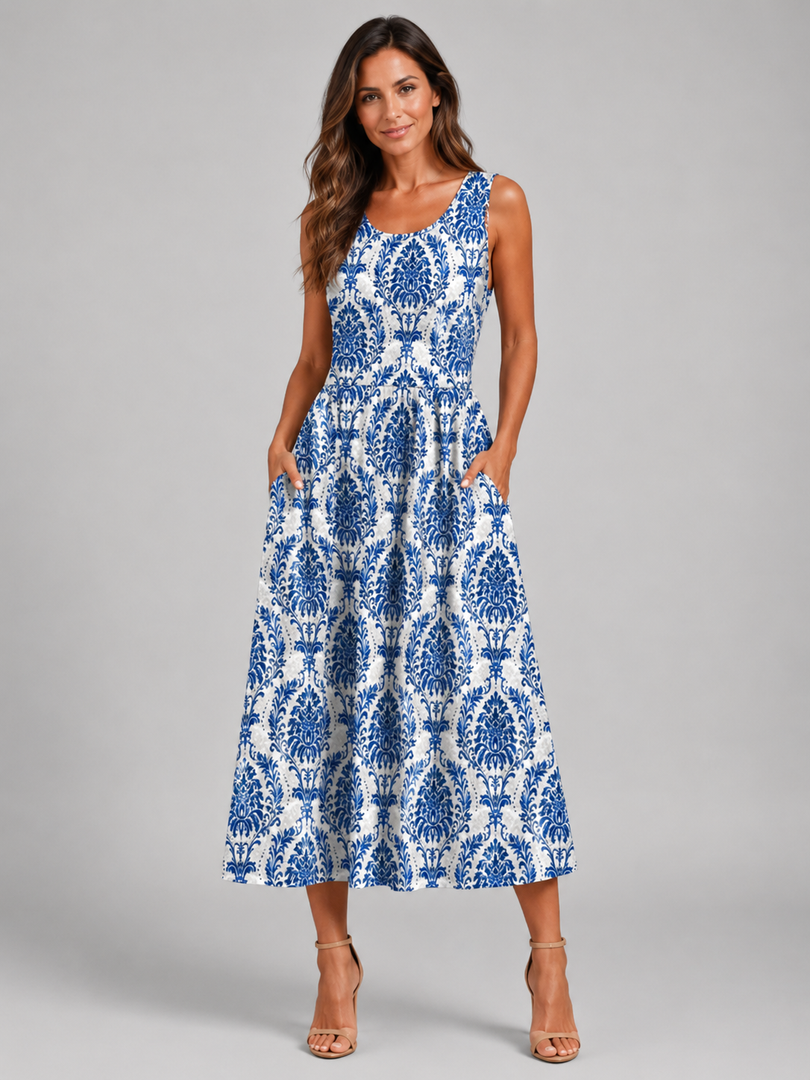 Ambre — Robe midi bohème à col licou, coloris Damas bleu