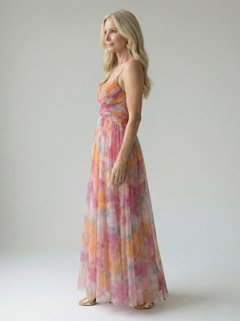 Maïwenn — Robe longue cache-cœur en voile imprimé