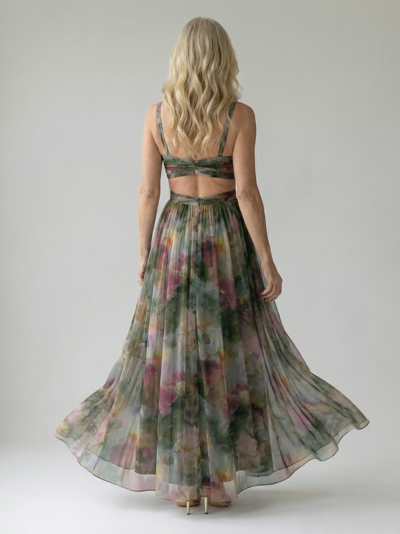 Maïwenn — Robe longue cache-cœur en voile imprimé
