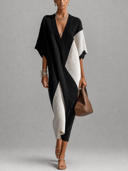 Faustine — Robe longue colorblock en maille à col V, coloris Noir et écru