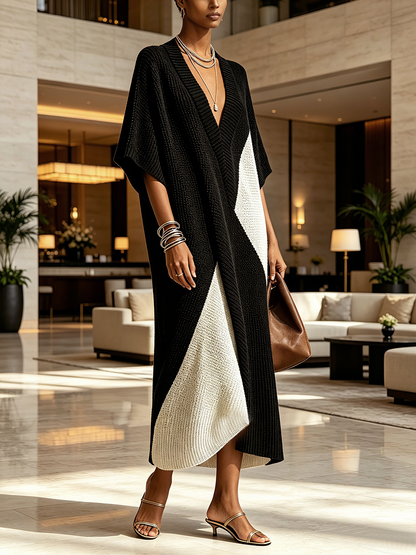 Faustine — Robe longue colorblock en maille à col V