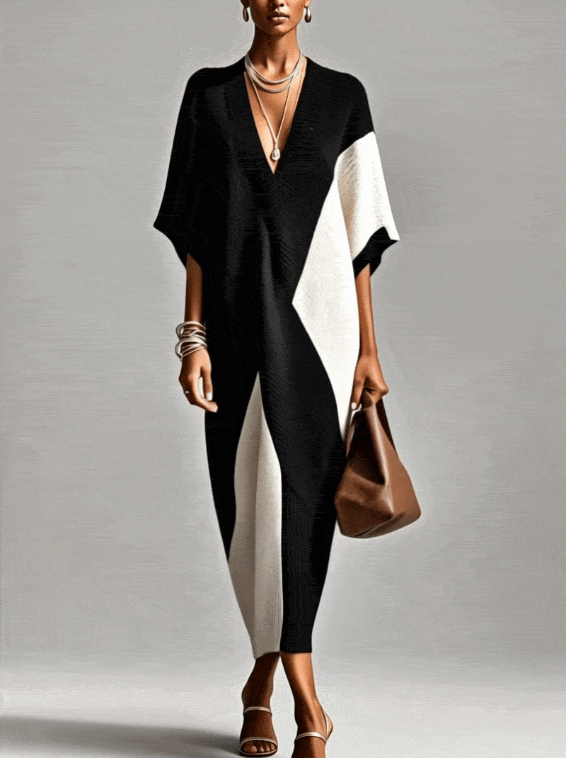 Faustine — Robe longue colorblock en maille à col V