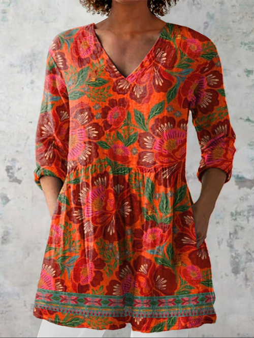 Mariette | Chemisier long col V à fleurs orangées
