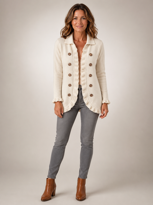 Adeline | Kremowobiały żakiet z prążkowanej dzianiny z falbankami