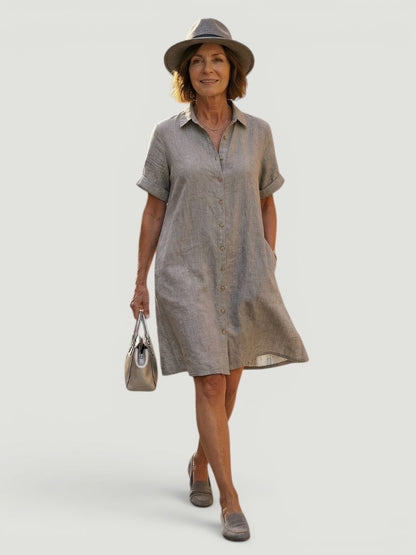 Lorène — Robe courte chemise à poches, coloris Gris lin