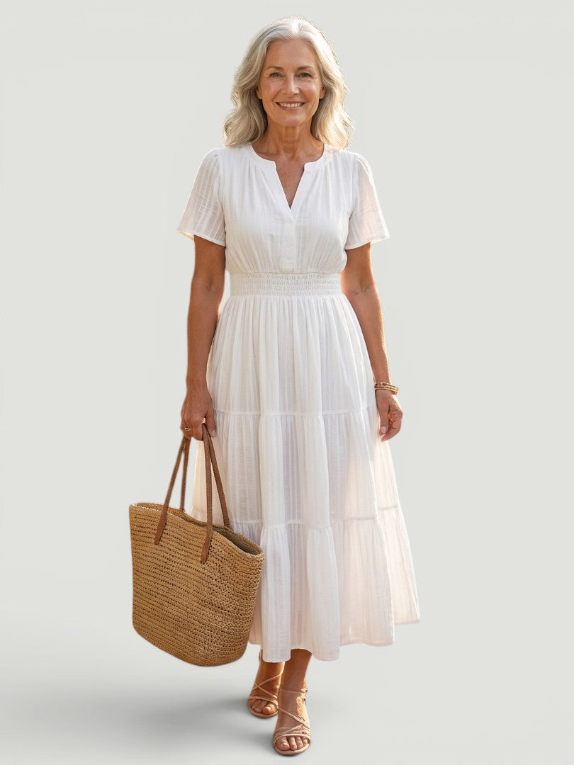 Ombline — Robe longue à taille froncée, coloris Blanc
