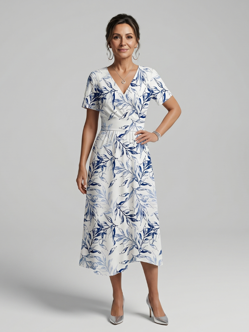 Fleurine — Robe midi cache-cœur à feuillage, coloris Écru à feuillage bleu