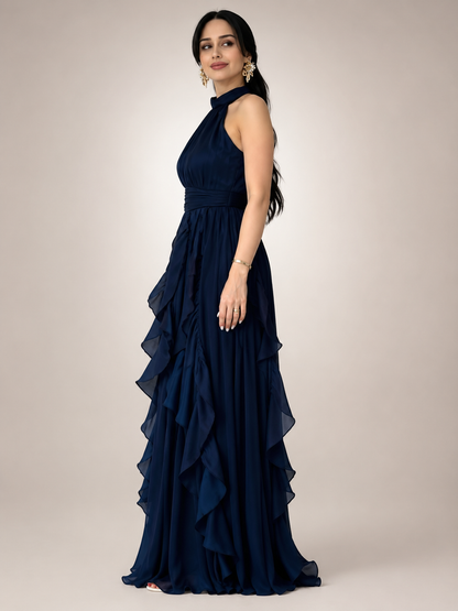 Séraphine — Robe longue à col licou et volants cascade