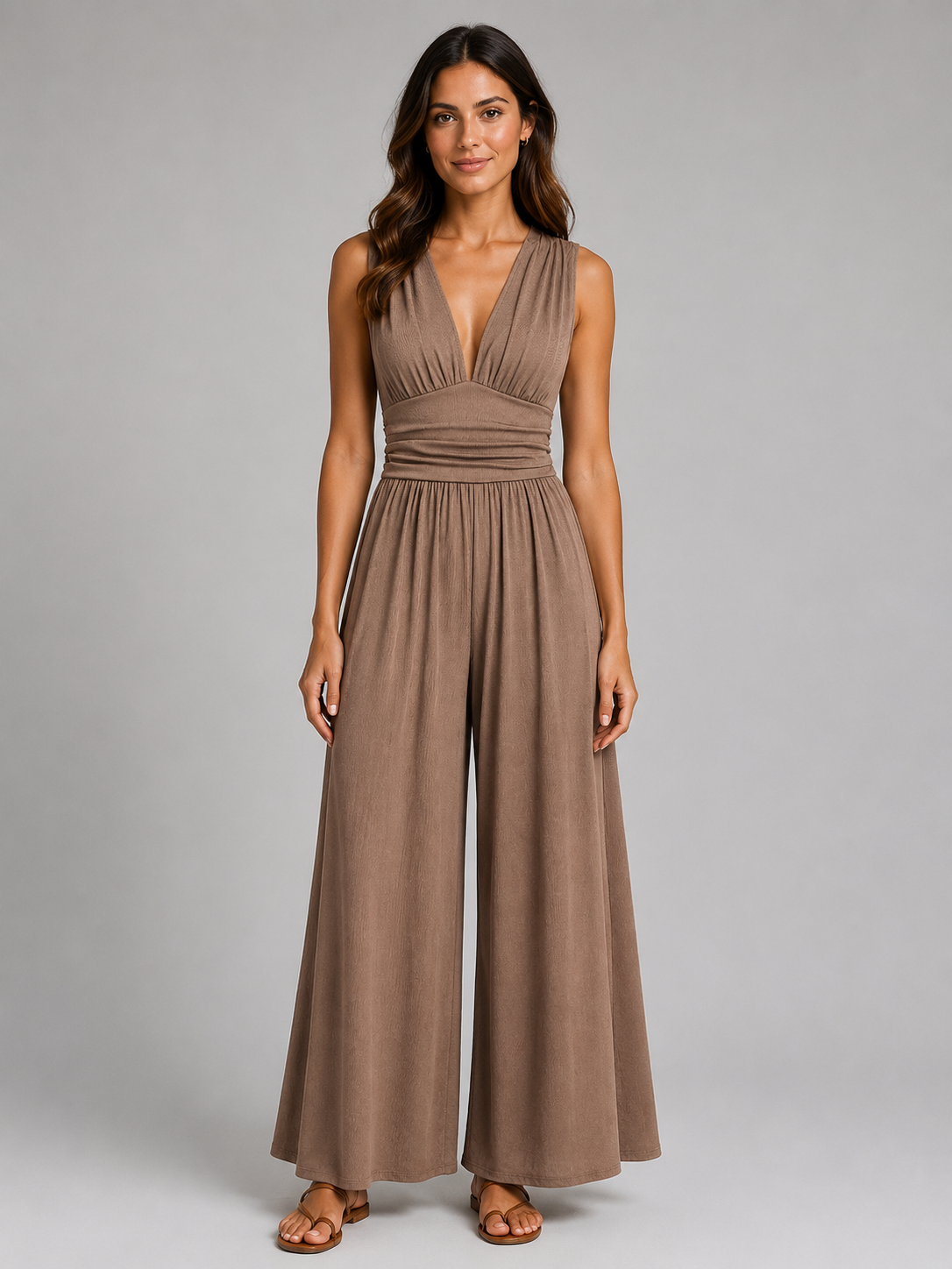 Femme portant une combinaison sans manches à col V et jambes larges, coloris camel