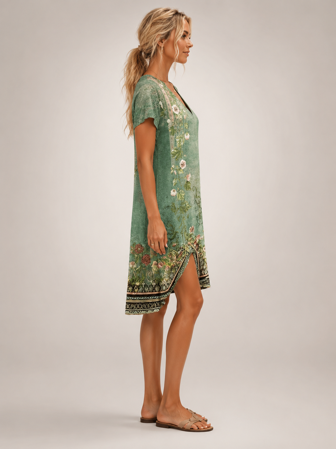 Blanche — Robe midi chemise fleurie à col V