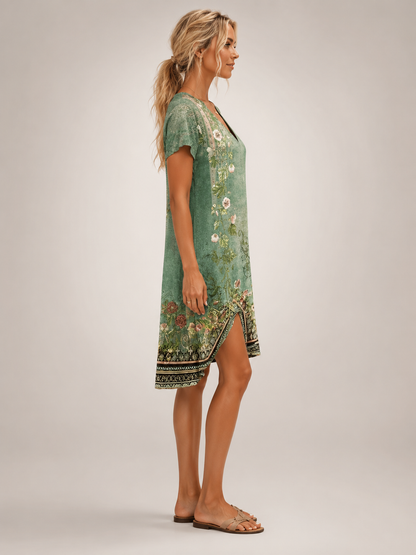 Blanche — Robe midi chemise fleurie à col V