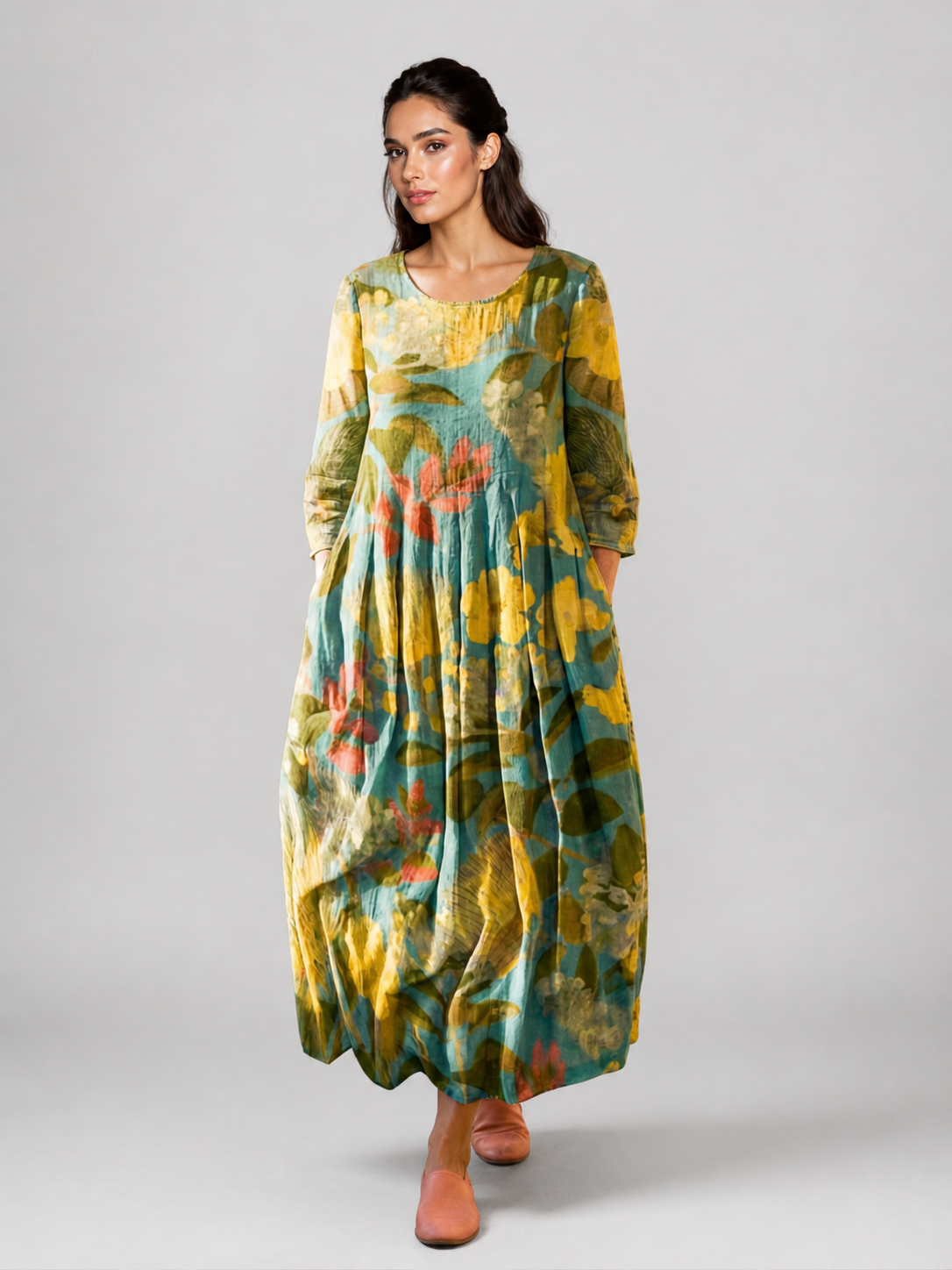 Honorine — Robe longue à imprimé peint, coloris Vert aquarelle